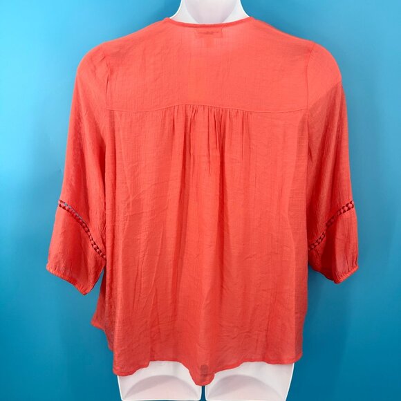 NWT JOHN PAUL RICHARD WOMAN CORAL ORANGE BOHO 3/4 SLEEVE CROCHET TRIM TOP 1X - Picture 4 of 6